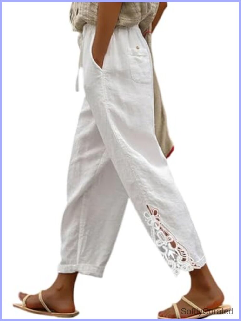 Women's Palazzo Pants Lace Detail Elastic Waist Drawstring Pockets